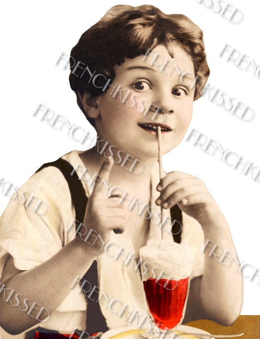 Instant Download VICTORIAN boy Soda Fountain Treat Antique French Postcard Digital scan