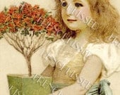 7x5 Greeting Card GARDEN Girl Instant Download TOPIARY tree Green Orange Antique French Postcard Digital Scan
