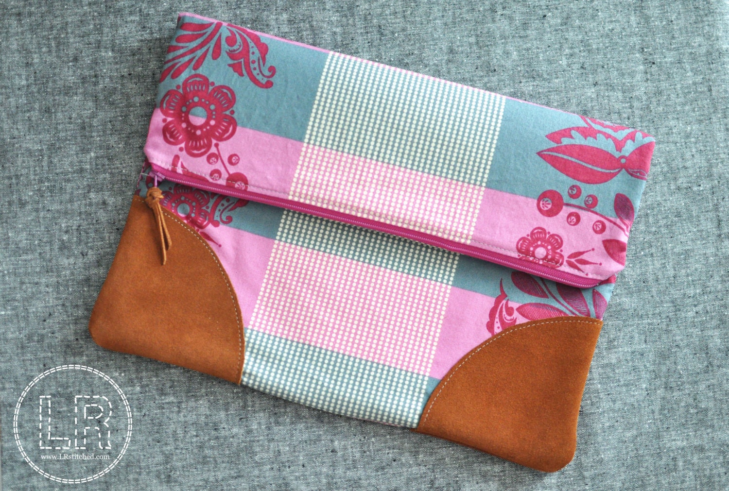 Large Fold Over Clutch with suede accents, Ipad case, tablet case