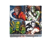 Psychobilly Horror Monster Movie Fabric Drink Coasters Set of Four Rockabilly Home Decor