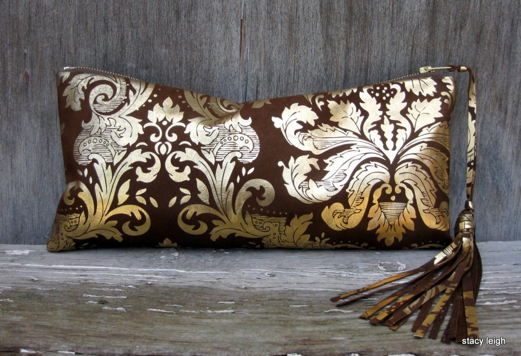Gold Damask and Brown Matte Leather Clutch by Stacy Leigh