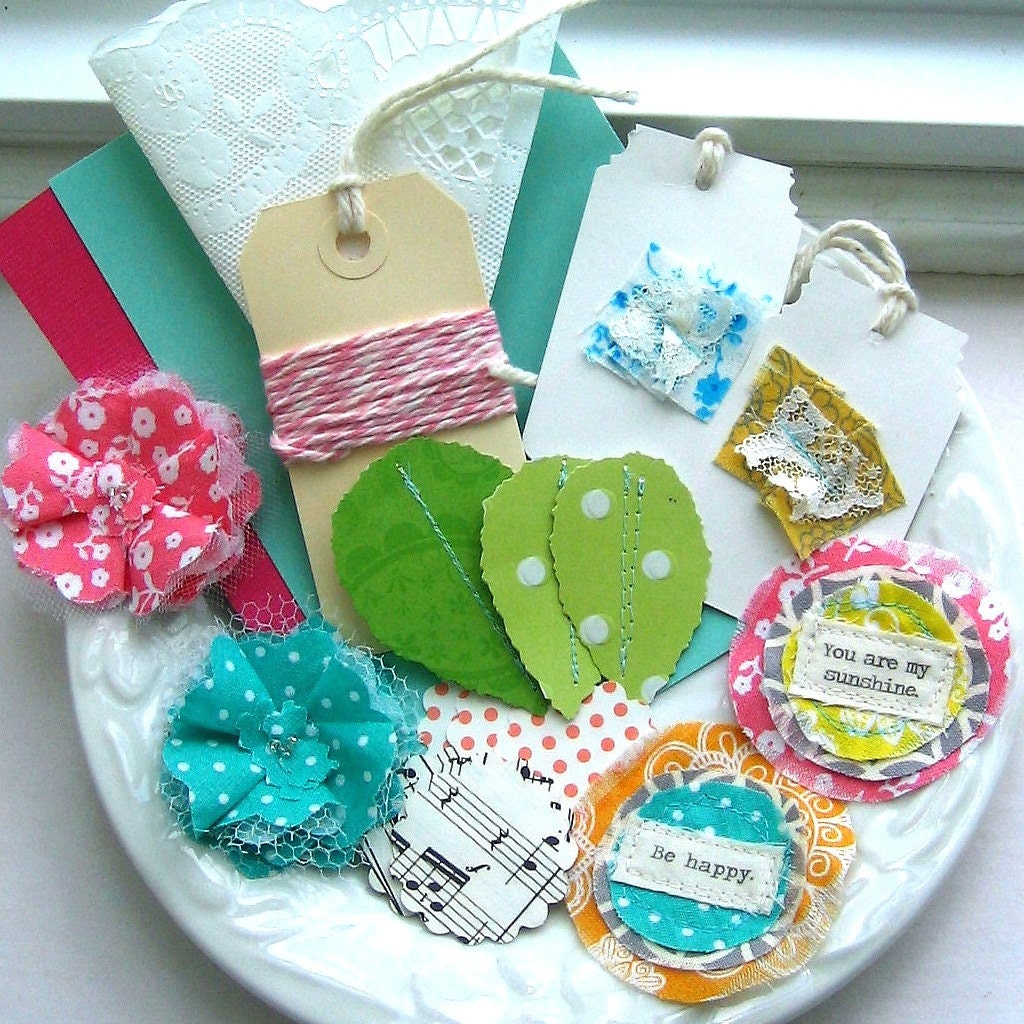 Fabric Flowers, DIY Scrapbook Kit, Inspiration Kit, Craft Supplies, Garden Theme Spring Summer Scrapbook Supplies - No. 839