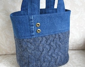 Blue Wool and Denim Tote, Eco Friendly Upcycled Sweater Wool and Denim Bag