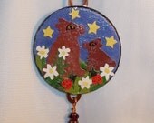 Mama Bear with Cub Necklace, coppper, wood, tigerseye, garnet, ladybug