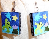 Handmade, original Frog earrings, on scrabble tiles, sterling earring posts