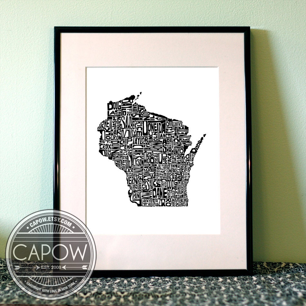 Wisconsin - typography map art print 8x10 - customizable personalized state poster custom wall decor engagement wedding housewarming gift