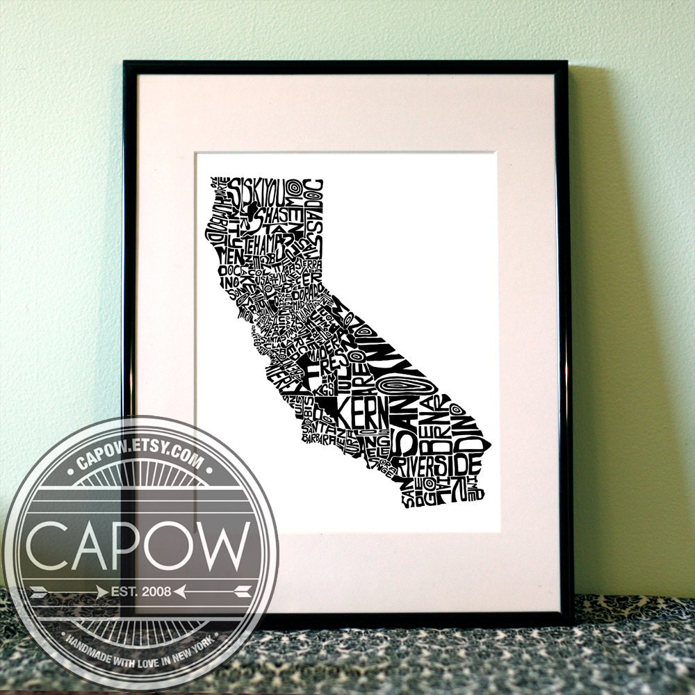 California - typography map art print 8x10 - customizable state poster custom wedding engagement graduation gift anniversary wall art decor