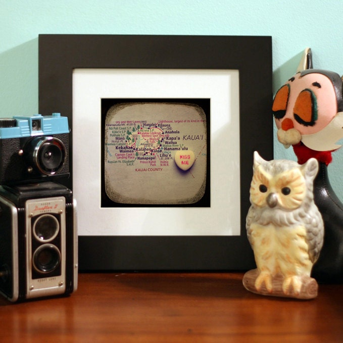 Map art print - kiss me kauai hawaii - candy heart photo custom engagement wedding anniversary gift nursery wall decor