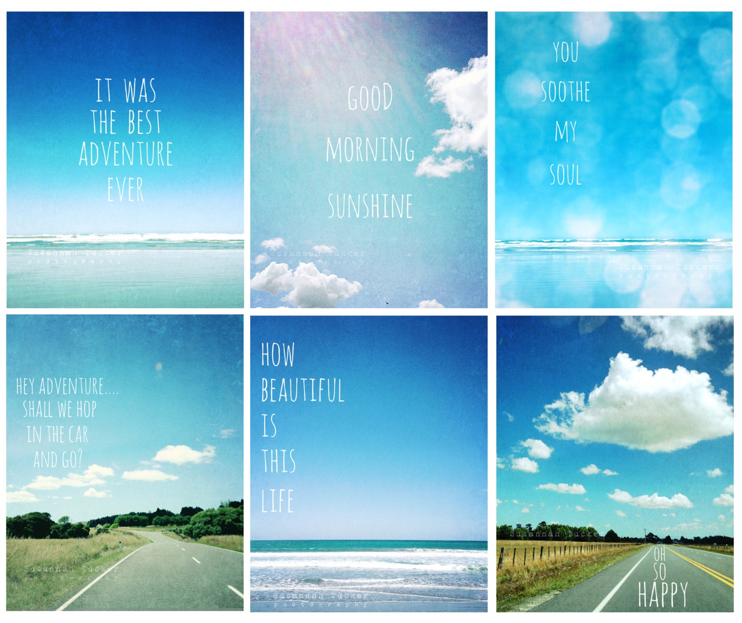 Set of 6 8x10 bright blue summer photos - typography, beach, sky, for the beach loving adventurer, teen decor, studio or office decor