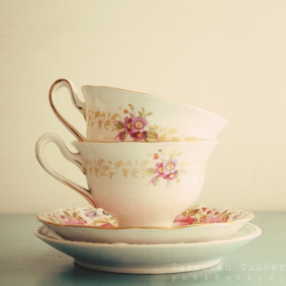 FREE SHIPPING The Tea Cups - charming 8x8 vintage tea cup photo, pastel tones, flowers, ivory, cream, purple, pale blue, shabby chic