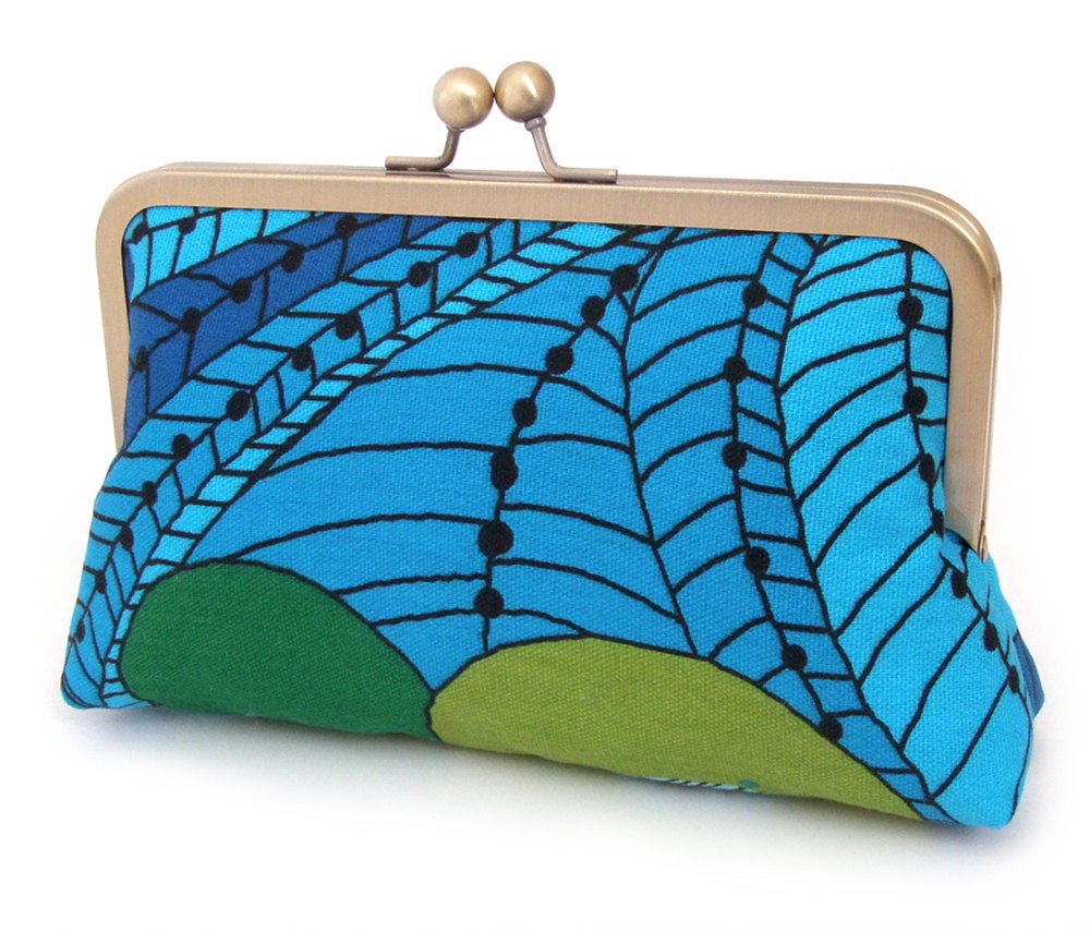 Pavos clutch bag : handmade silk-lined purse, cobalt blue, indigo, green, Scandinavian fabric print, gift box