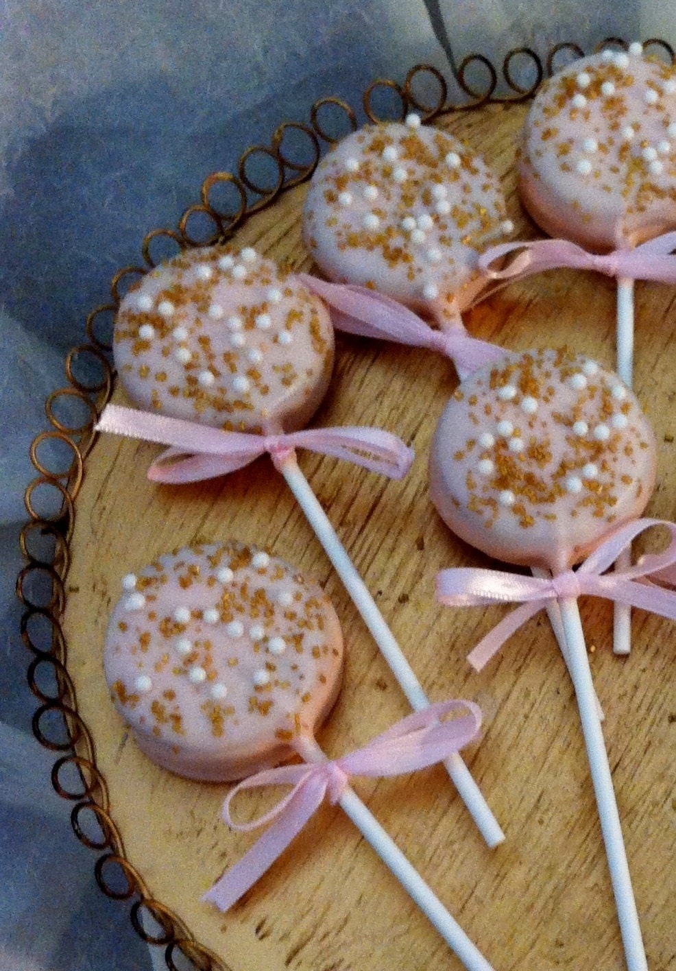 12 GLITZ & PEARL - GOLD - Princess Pink Double Stuff Oreos Pops - Girl, Wedding, Party Favor, Shower, Christening, Valentines, Mothers Day