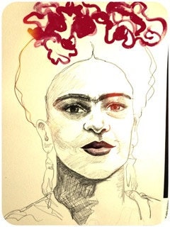 Frida Red Flowers - Print from Drawing - by Erica Herbert