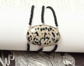 Jumbo Dalmatian Jasper Stone, in Handmade Sterling Setting, with Black Agate Beads