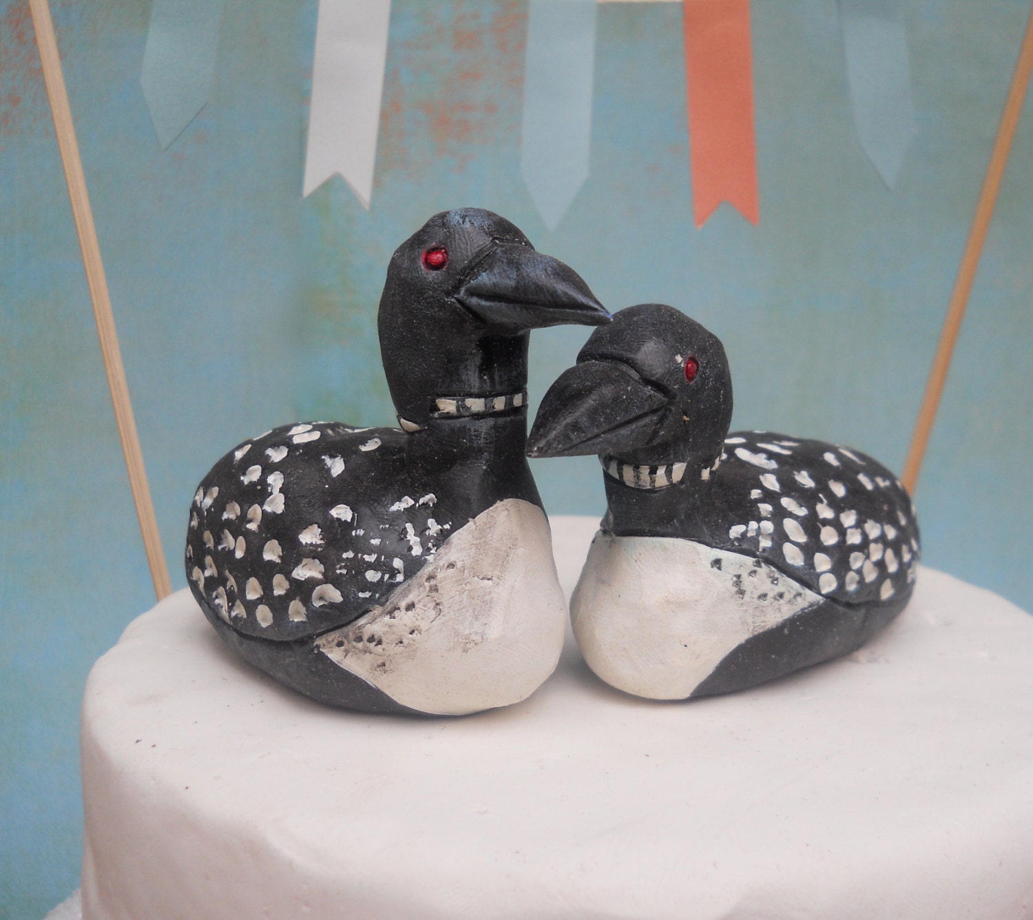 Black and White Loons in Love Folk Art wedding cake topper