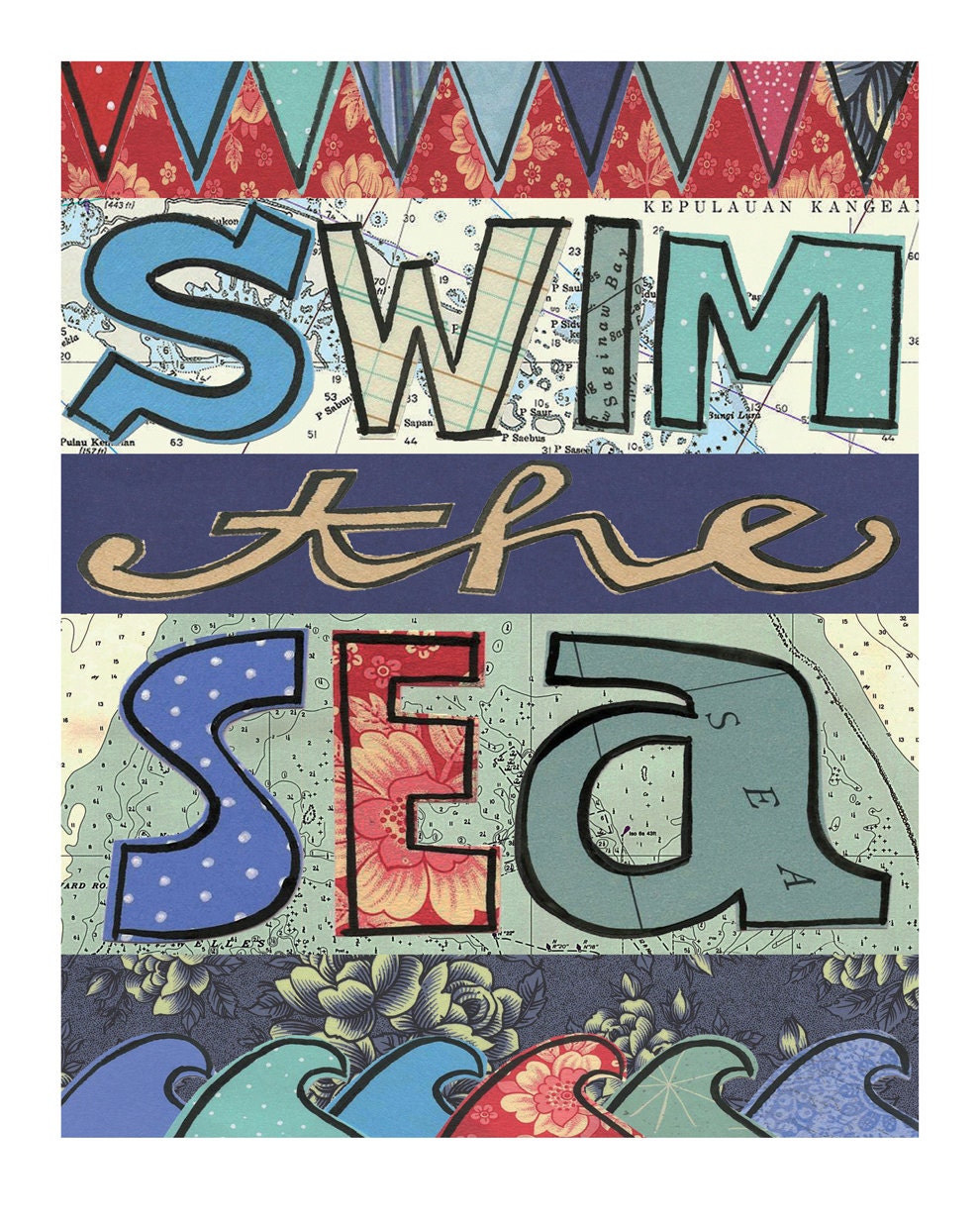 Swim the Sea - 8x10 GICLEE PRINT typographic collage, Susan Black