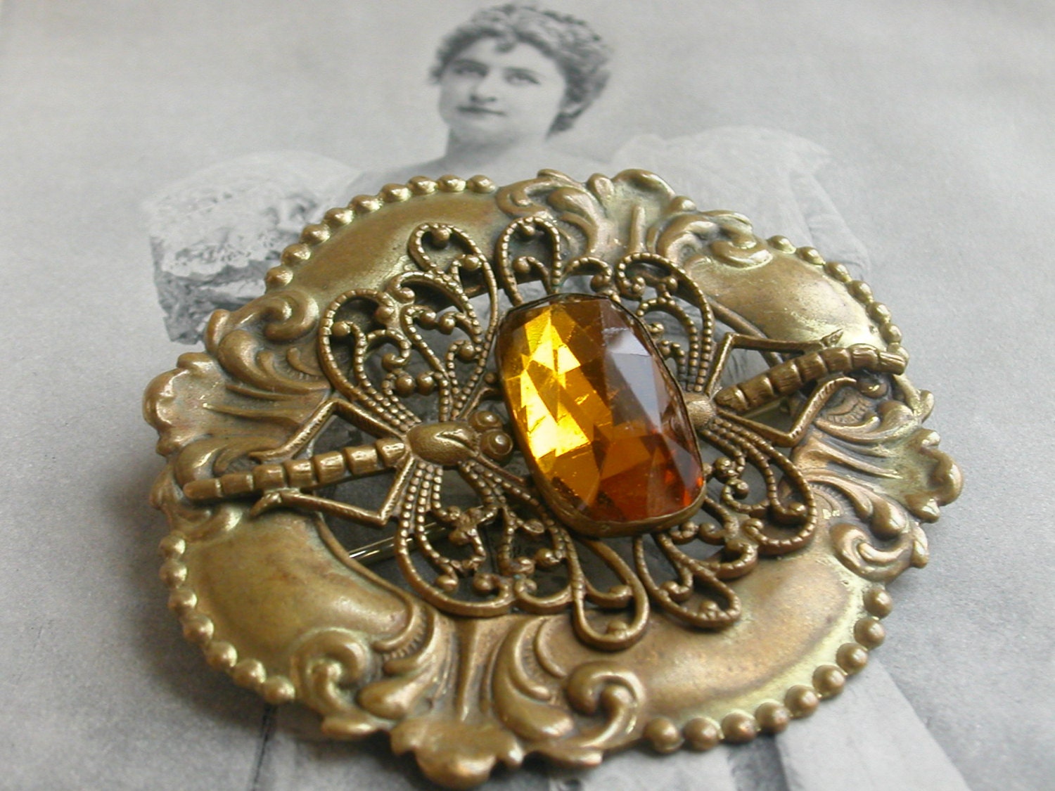 Amber Glass Filigree Brooch with Dragonflies