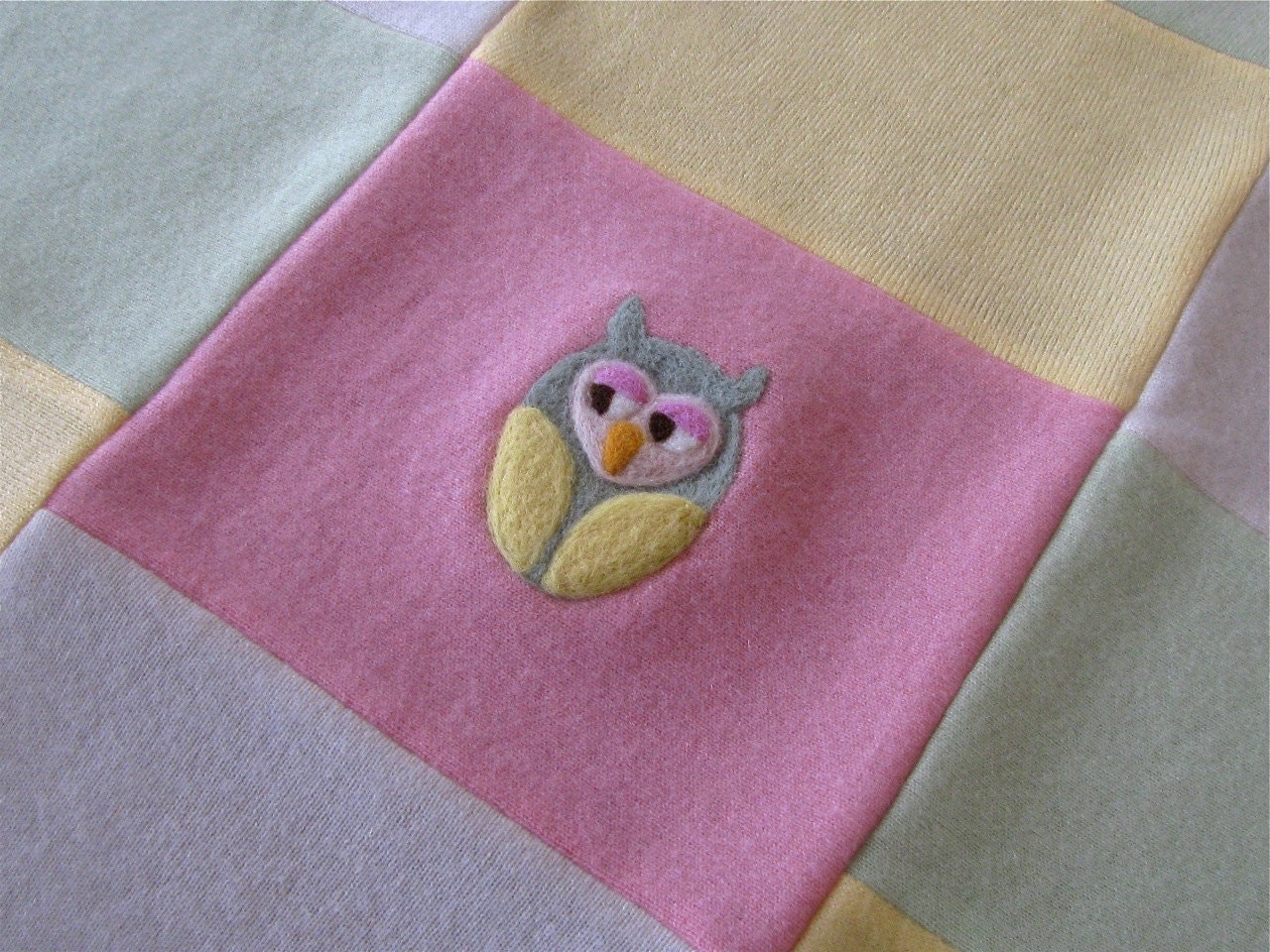 Pastel upcycled sweaters Baby blanket - Made to Order CASHMERE Quilt - Owl & Acorns needle-felted appliques - Heirloom Gift