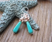 Crocheted cluster vintage earrings in turquoise and pearl, beachy natural