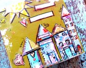 Art on Wood block ,Home, Green, Collage- pieced houses