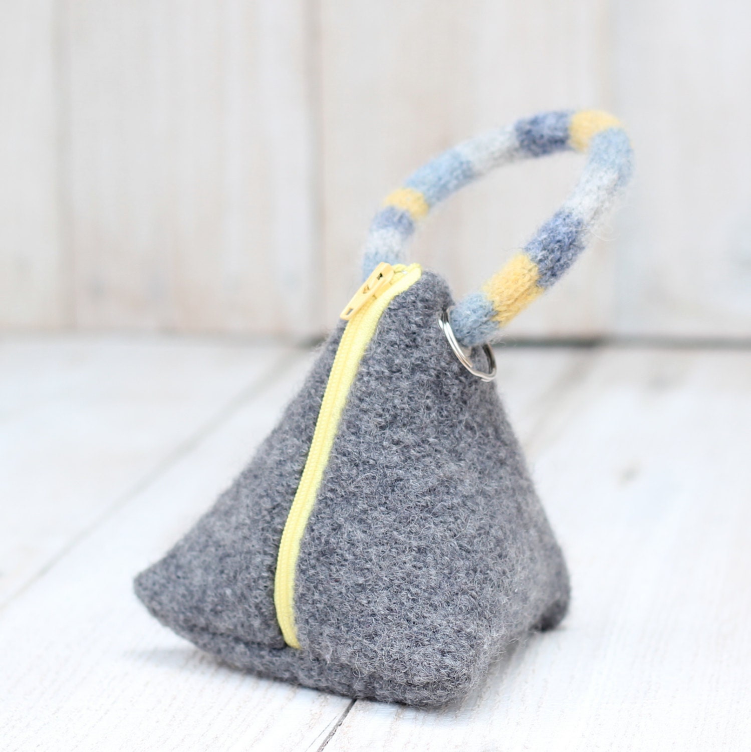 Recycled Sweater Triangle Pouch in Charcoal Gray and Yellow