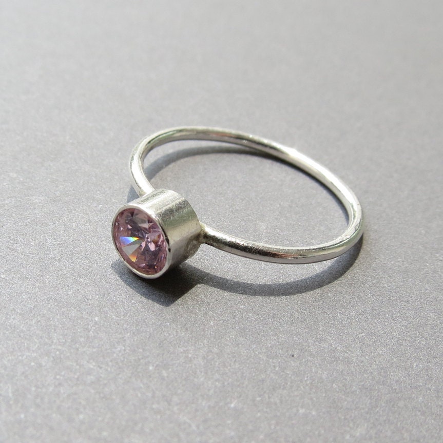 Pink Cubic Zirconia Ring, Stacklable Ring, Sterling Silver Stacking Ring, Skinny Band, Hammered Sterling Silver Ring