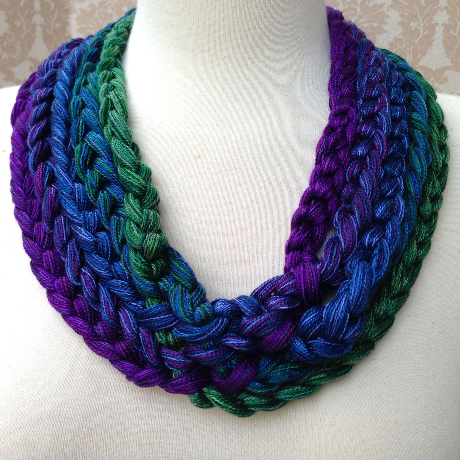 Green to Blue to Purple Crocheted Yarn Necklace
