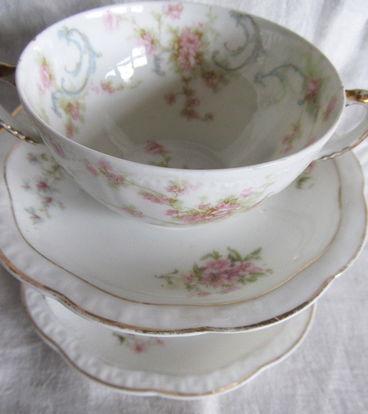 Antique Set Of 2 Princess Haviland And Co Limoges France Bouillon Cups With Bavaria Saucers, Mix Match
