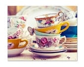 Still Life Photograph - Tea Party 8x10 Print - Shabby Chic Photo, Vintage Teacups Photo, Yellow, Charming Cottage Photography