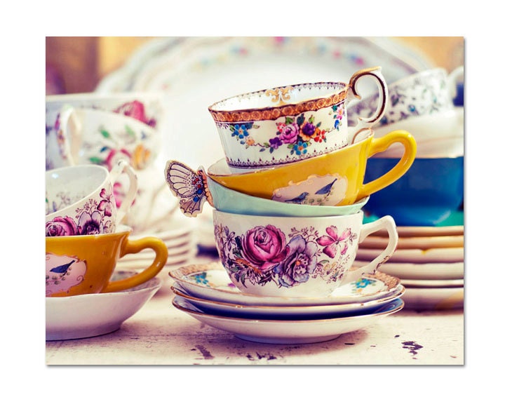 Still Life Photograph - Tea Party 8x10 Print - Shabby Chic Photo, Vintage Teacups Photo, Yellow, Charming Cottage Photography