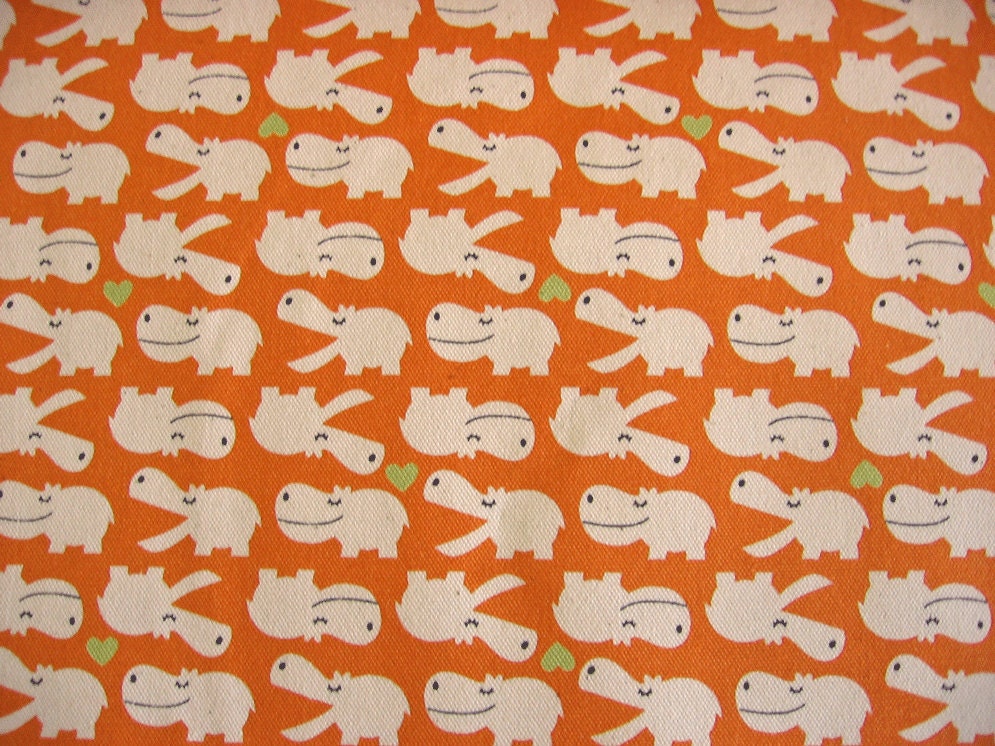 Hippo, orange and hearts , Japanese Kokka, cotton Trefle fabric