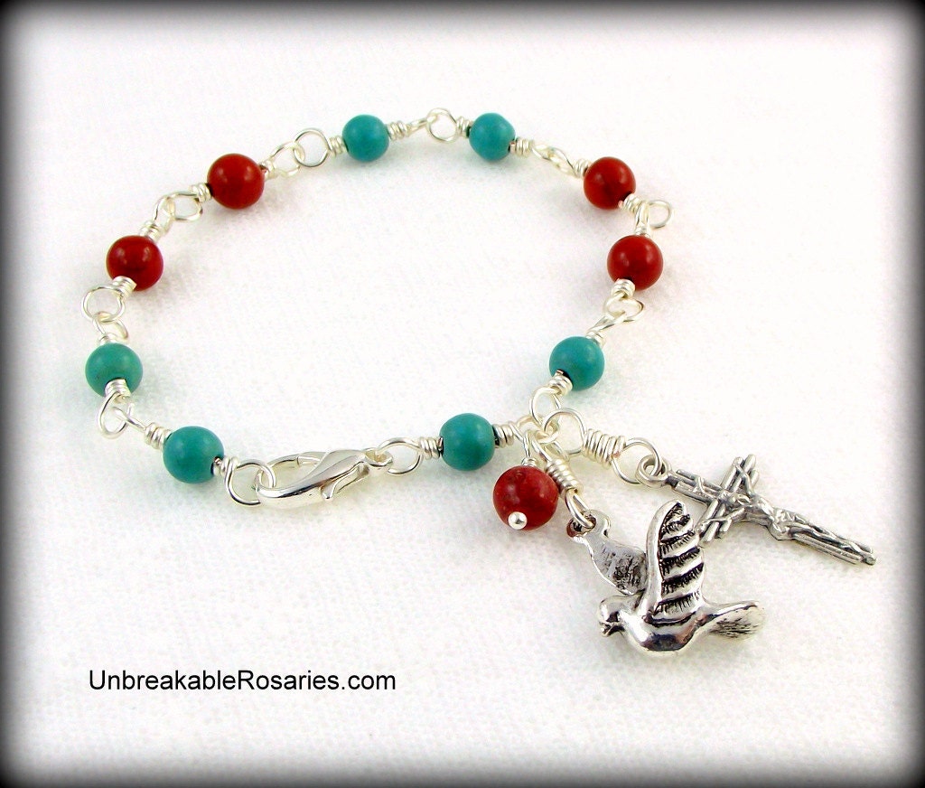 Holy Spirit Rosary Bracelet in Red Jasper and Turquoise Howlite by Unbreakable Rosaries