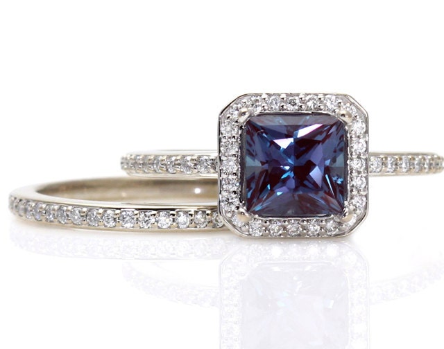 Princess Alexandrite Engagement Ring & Matching Band Diamond Halo Wedding Set 14K or Palladium
