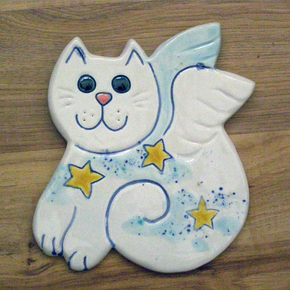 Ceramic cat angel tile wall hanging for home decor