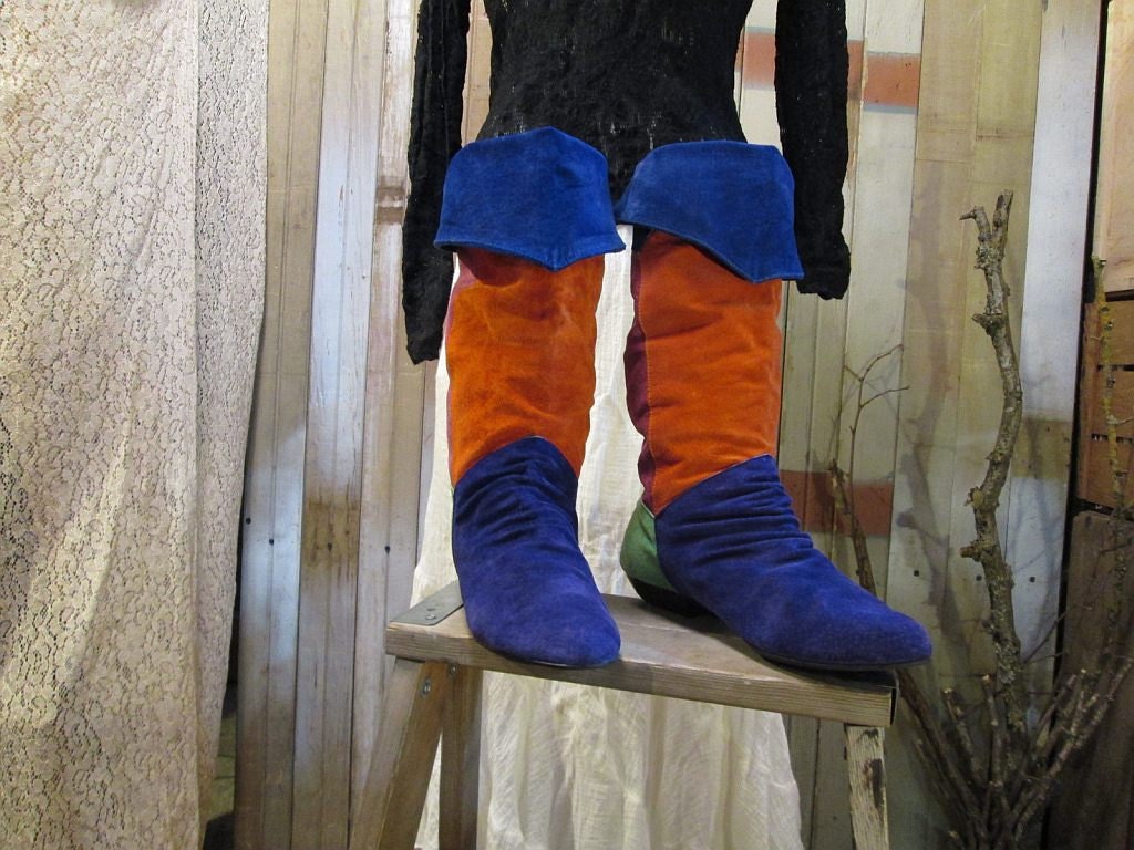 Colorblock vintage Boots Rainbow pixie suede 7 knee high blue orange leather