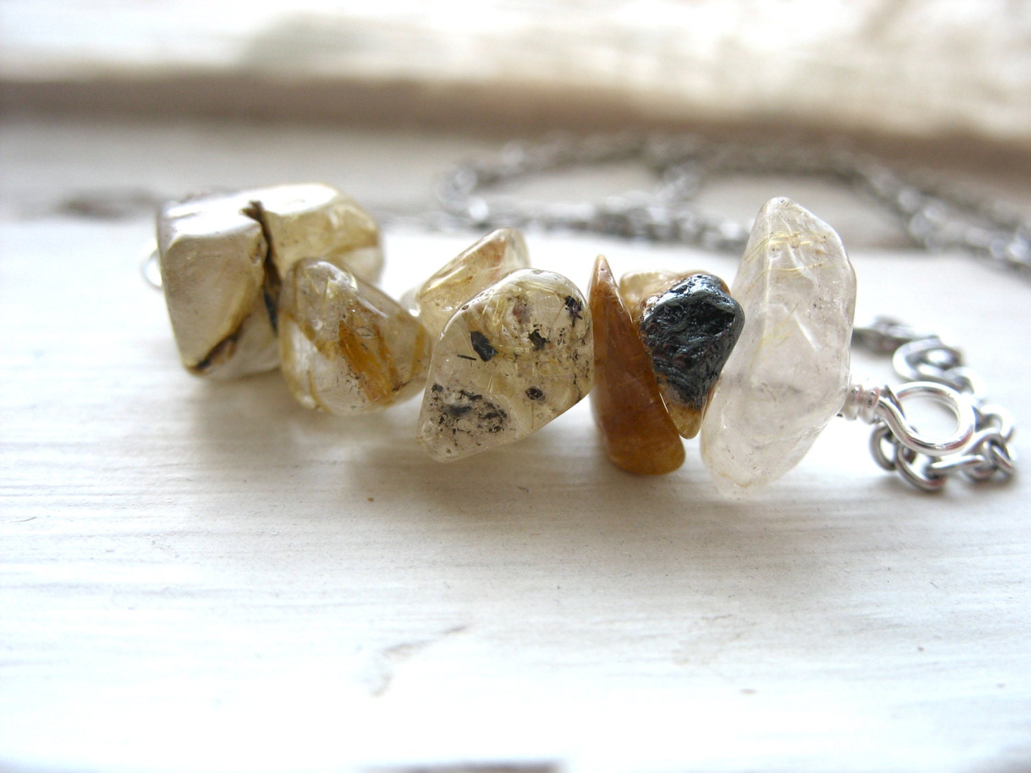 Rutilated Quartz Crystal Necklace, Stone Silver Chain Strand Necklace, Handmade Artisan Birthstone Jewelry, Free Shipping