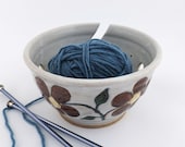 Ceramic Knitting / Crochet Yarn Bowl - White with Red Flowers- Handmade Wheel Thrown Pottery