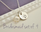Set of FOUR 4 Bridesmaid gift set, custom silver initial necklaces, bridesmaid necklace, freshwater pearl necklace, bridesmaid jewelry