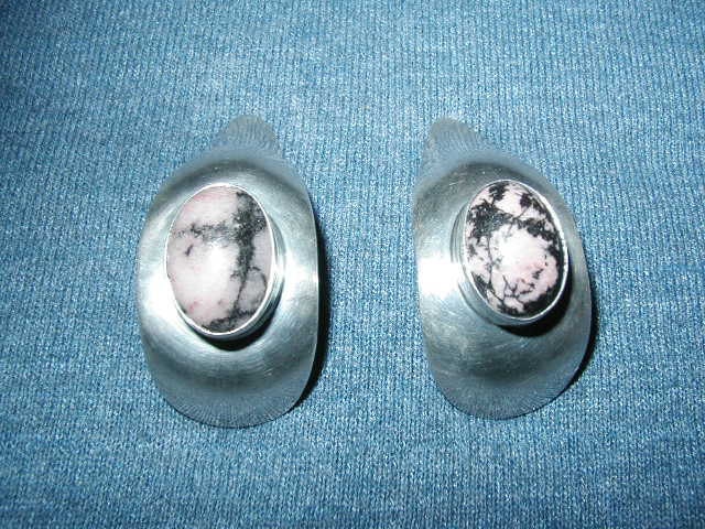 Sterling Silver with Pink & Black Stone Set Pierced Earrings Signed Mathews 20.6 grams