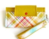Cell Phone Wallet Checkbook Wallet 100% Merino Wool Felt with Cotton, Plaid Mustard Red White Aqua