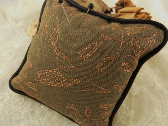 French  Chocolate  Linen  Pin Cushion  with Hummingbird Embroidery in Gold