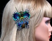 Peacock Butterfly Hair Clip- All Natural Feathers-