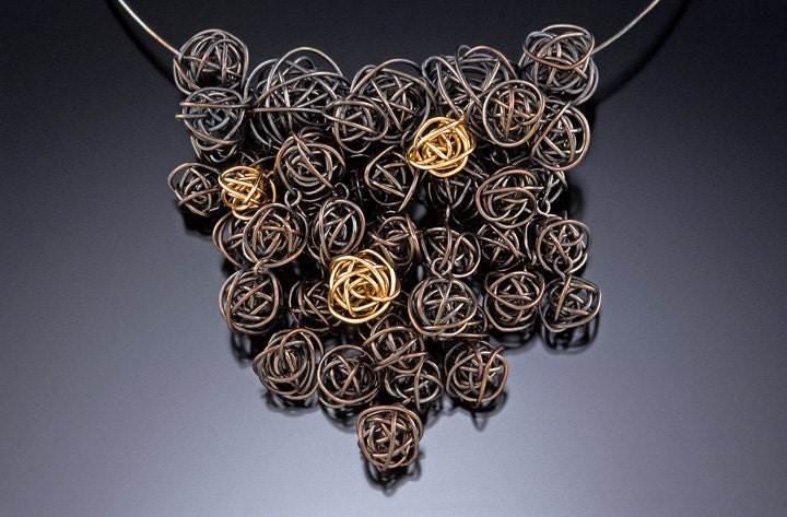 SALE: Black Gold Cluster Waterfall Necklace, wire wrapped necklace, oxidized silver and 14k gold
