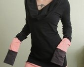 cowl tunic dress extra long sleeves Black/Peach/Cement Grey