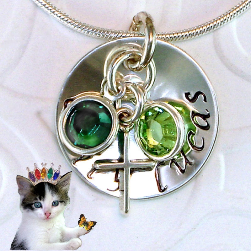 Hand Stamped Necklace Mothers Personalized Jewelry 3/4" Sterling Silver Disk Birthstone Cross Charm Mommy Grandmother Bride  Faith Jewelry