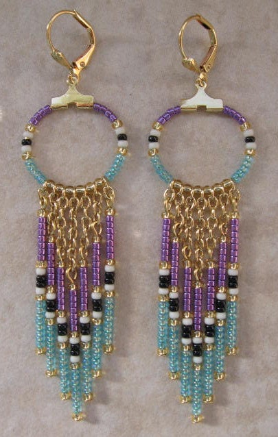 Seed Bead Chain Hoop Earrrings - Purple/Baby Blue