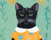 New Spring Dress Black Cat Original Folk Art Painting