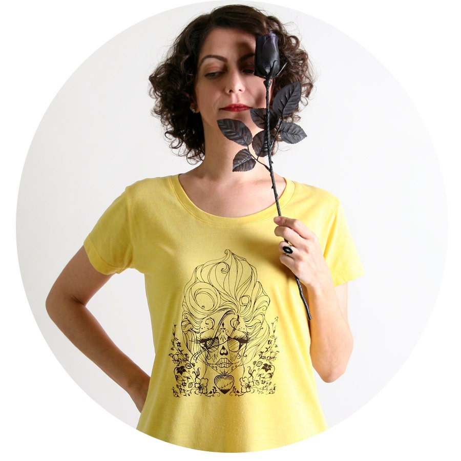 POISON PAWS - Whimsical Girl Screen Print Shirt - Bright Lemon Yellow Wild Hair Lady - Small to Medium Sugar Skull