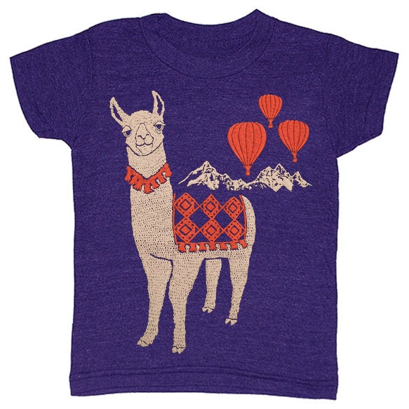 KIDS TODDLER / Llama - T-shirt Girl Boy Children Cute Adorable Shirt Animal Peru Alpaca Red Hot Air Balloons Indigo Blue Tshirt