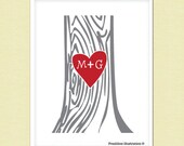 Love Art Print - Carved Heart on Tree - Your initials - Red Heart - 8x10 Personalized Art